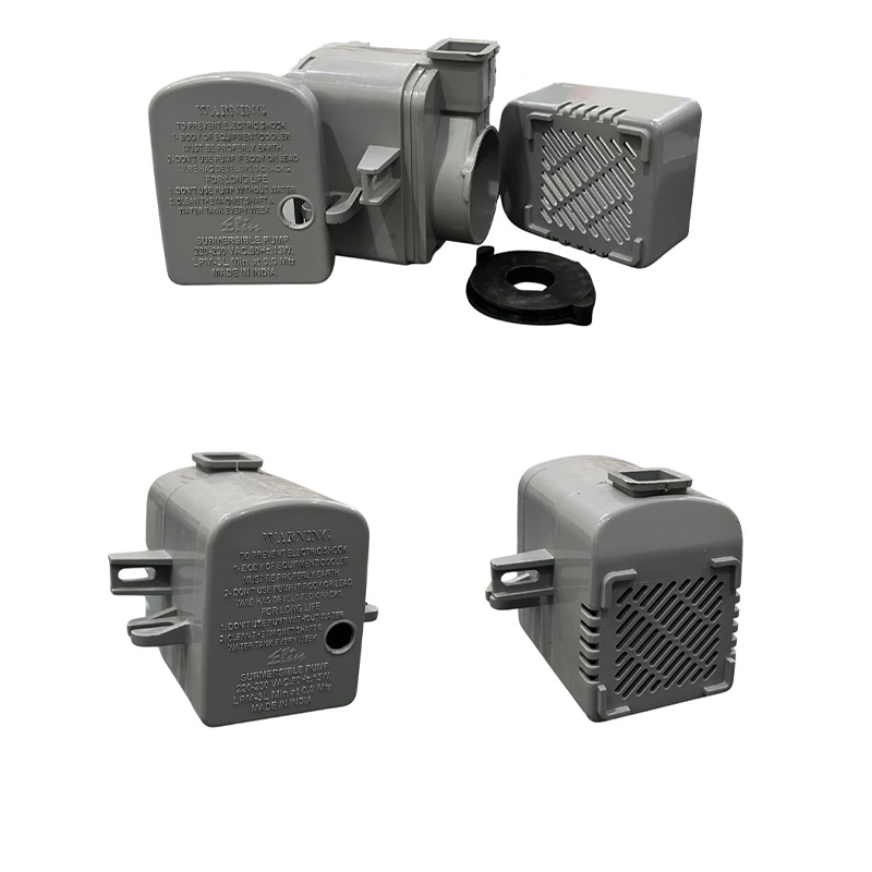 Finished submersible pump housing components showing louvred vents and mounting tabs