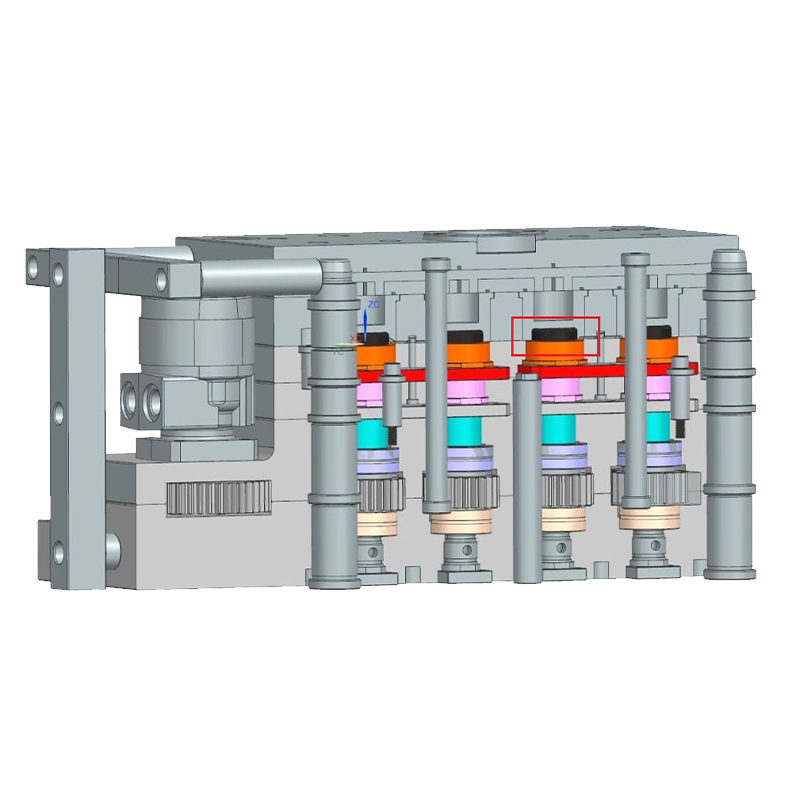 8-cavity jar cap mould 3D CAD design with gear-driven rotating core mechanism